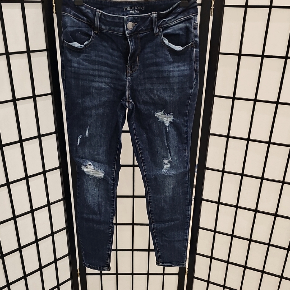Maurice's Blue Skinny Jeans with Distressed Rips Small Short